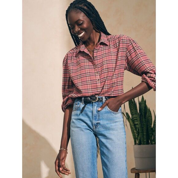 Faherty Olli Top In Red Mountain View Plaid Womens Size Large L Preppy Casual - Picture 12 of 14